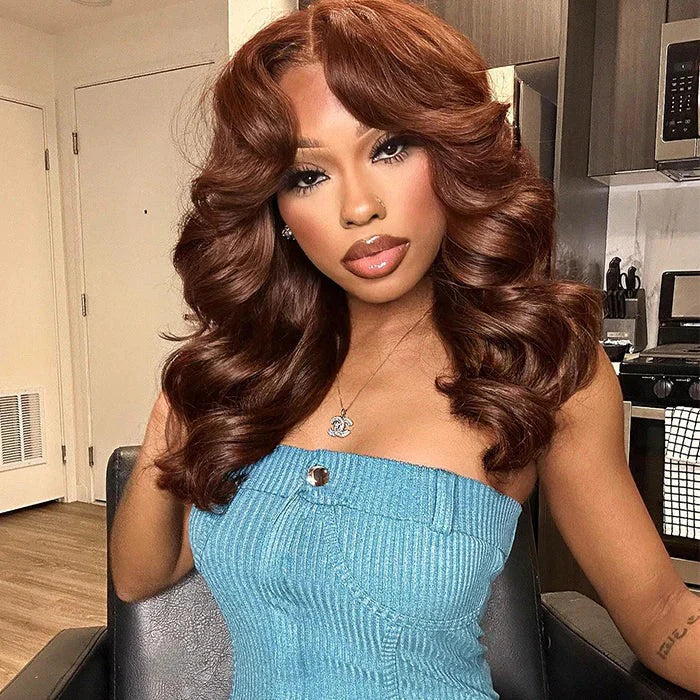 Hot Star 300% Density Weft Made Curtain Bangs Layered Cut  Brown Colored Glueless Lace Wig