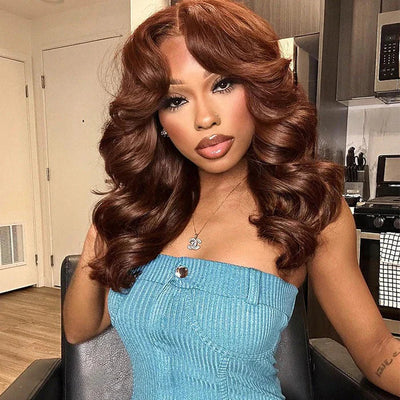 Hot Star 300% Density Weft Made Curtain Bangs Layered Cut  Brown Colored Glueless Lace Wig