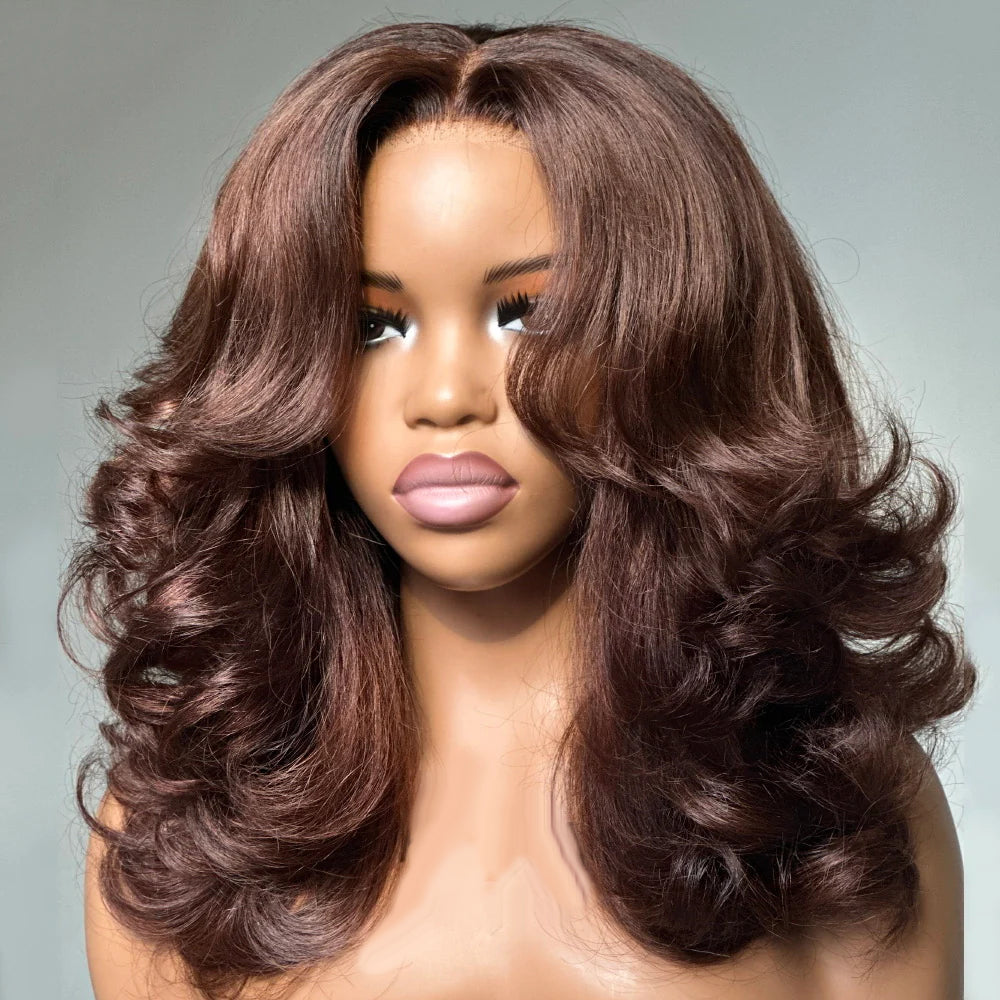 Hot Star 300% Density Weft Made Curtain Bangs Layered Cut  Brown Colored Glueless Lace Wig