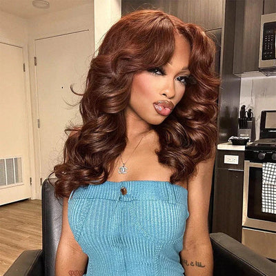 Hot Star 300% Density Weft Made Curtain Bangs Layered Cut  Brown Colored Glueless Lace Wig