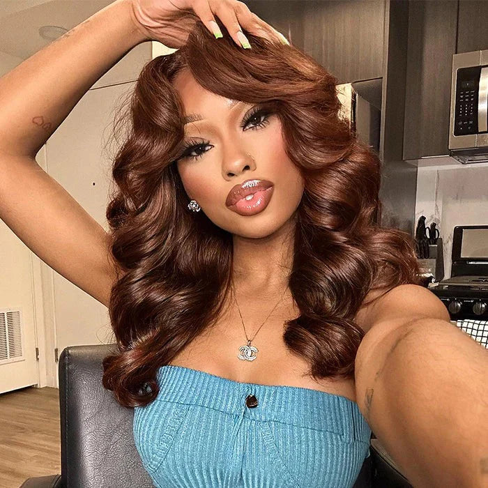 Hot Star 300% Density Weft Made Curtain Bangs Layered Cut  Brown Colored Glueless Lace Wig