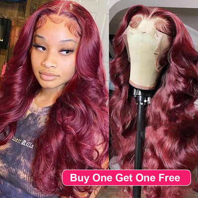 BOGO DEAL ! Hot Star Burgundy Color 99j HD Transprent 13x6 Lace Front Human Hair Wig Body Wave