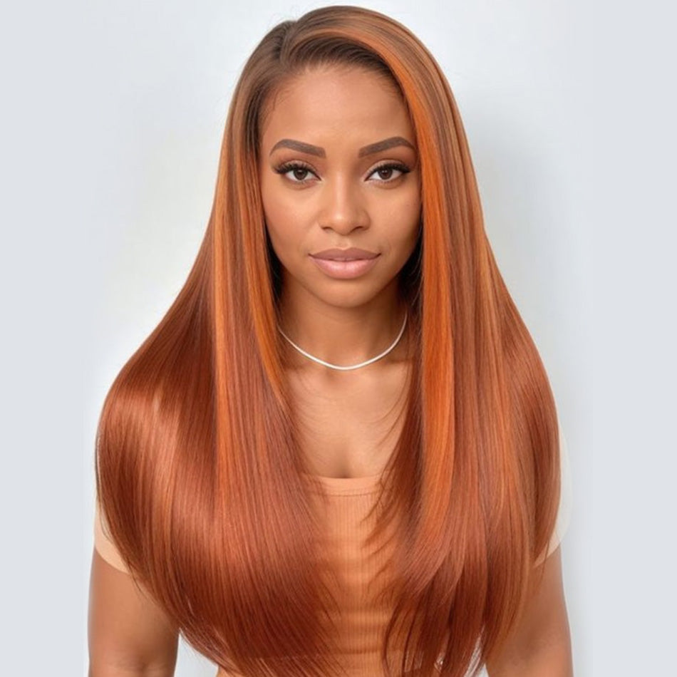 Hot Star HD Transparent Balayage Ginger Orange With Chocolate Brown Colored 13x6 Lace Front Human Hair Wig