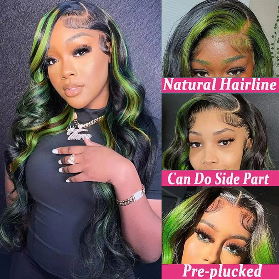 Hot Star 180% Density Highlight Black With Green 5x5 13x6 Lace Closure Front Wig 6x4 Glueless Ready To Go Human Hair Wigs Body Wave