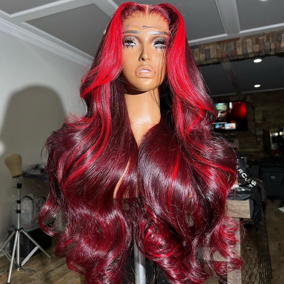 Hot Star Balayage Burgundy Red Colored 5x5 13x6 Lace Front Closure Wig 4x6 Glueless Ready To Go Human Hair Wigs