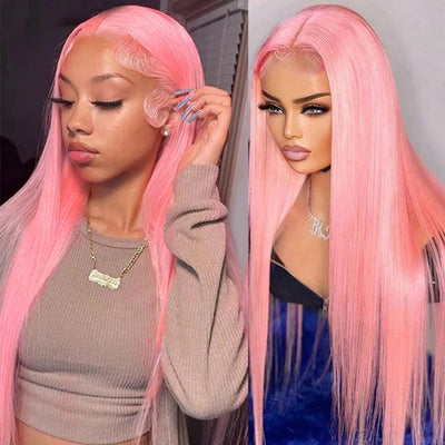 Hot Star 180% Density Customized Colored Pink Wigs Human Hair Pre Plucked HD Transparent 13x4 13x6 Brazilian Straight Lace Front Wigs