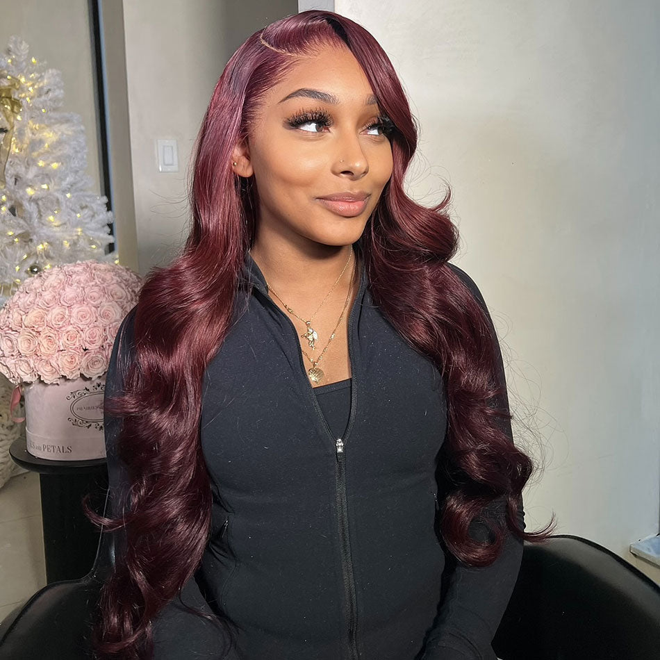 Hot Star Dark 99j Wine Colored HD Transparent 6x4 Glueless Ready Go Wig 5x5 13x6 Lace Front Human Hair Wig