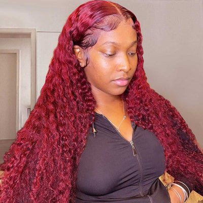 Hot Star Reddish Burgundy Colored 5x5 13x6 Lace Front Closure Curly 4x6 Glueless Ready To Go Human Hair Wigs