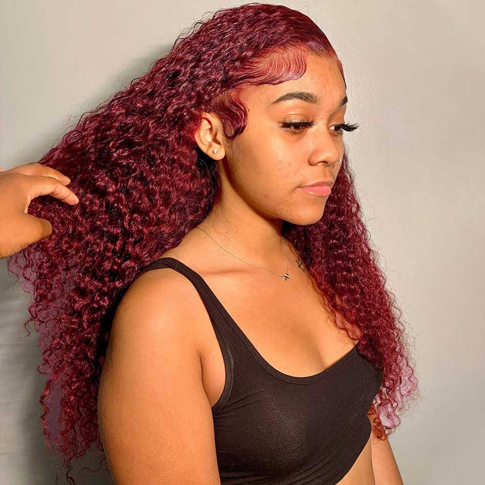 Hot Star Reddish Burgundy Colored 5x5 13x6 Lace Front Closure Curly 4x6 Glueless Ready To Go Human Hair Wigs