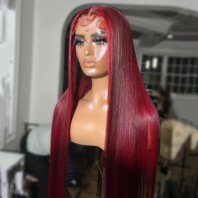 Hot Star Highlight Red Colored Pre Plucked 4x6 Ready To Go Human Hair Wigs 5x5 13x6 Lace Closure Front Wig