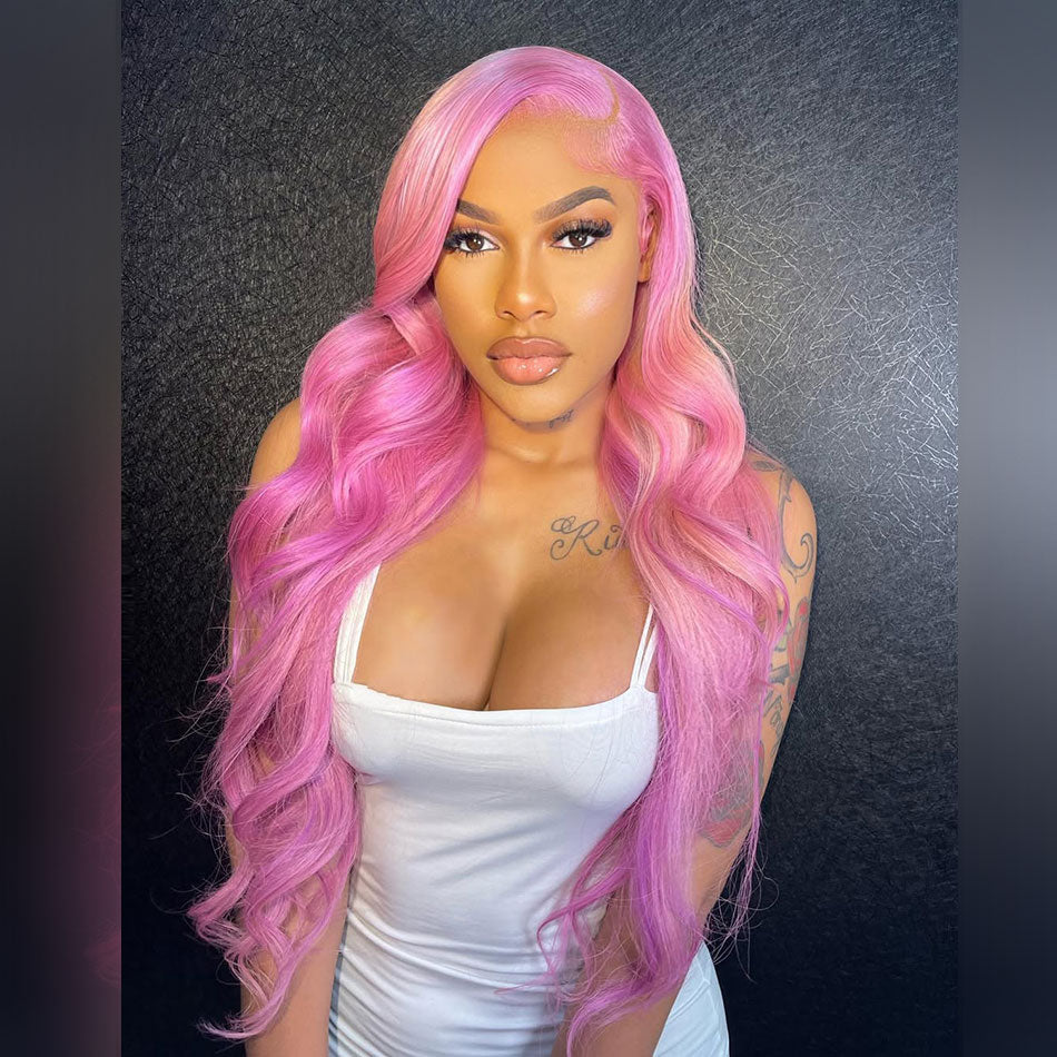 Hot Star 210% Density Bright Purple Pink With Plantium Blonde 13x6 Lace Front Human Hair Wigs Brazilian Body Wave