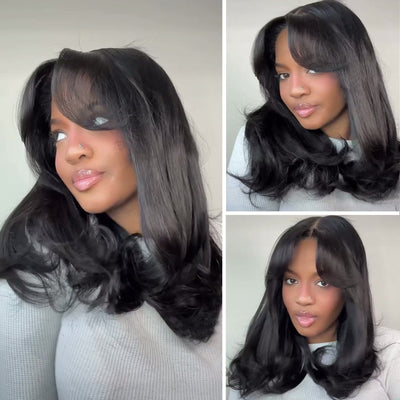 Hot Star 250% Density Double Drawn Curtain Bangs And Layered Cut Design Glueless Lace Wig