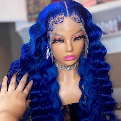 Hot Star Blue Colored 13x4 13x6 HD Transparent Lace Front Deep Wave Human Hair Wig