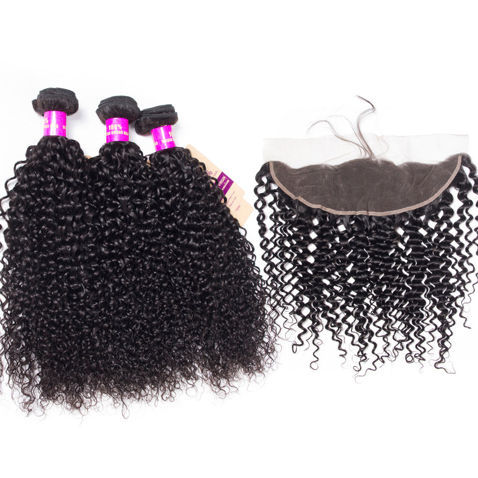 Hot Star Jerry Curly Human Hair 3 Bundles With 13x4 Full Frontal Lace 100% Remy Human Hair