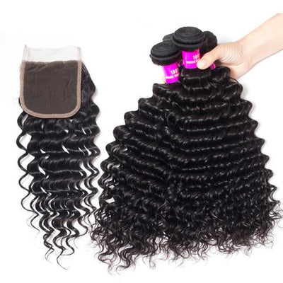 Hot Star Deep Wave Human Hair 3 Bundles With 5x5 Closure 100% Remy Human Hair