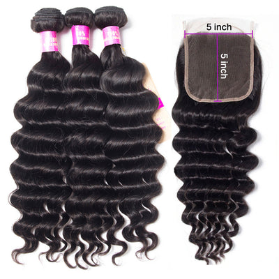 Hot Star Loose Deep Wave Human Hair 3 Bundles With 5x5 Closure 100% Remy Human Hair