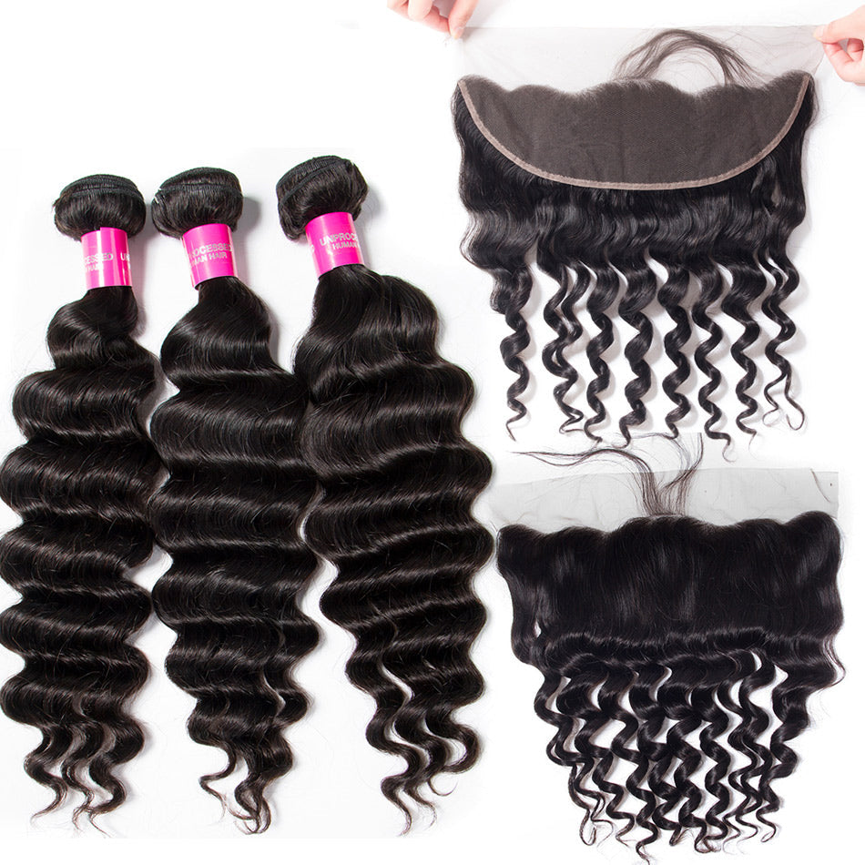 Hot Star Loose Deep Wave Human Hair 3 Bundles With 13x4 Full Frontal Lace 100% Remy Human Hair