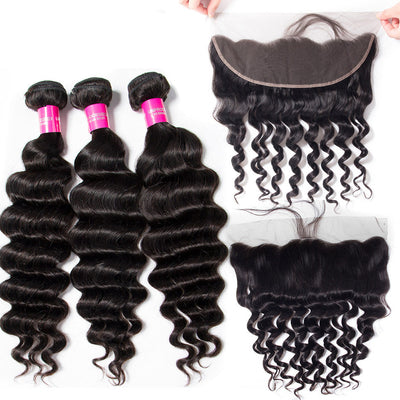 Hot Star Loose Deep Wave Human Hair 3 Bundles With 13x4 Full Frontal Lace 100% Remy Human Hair