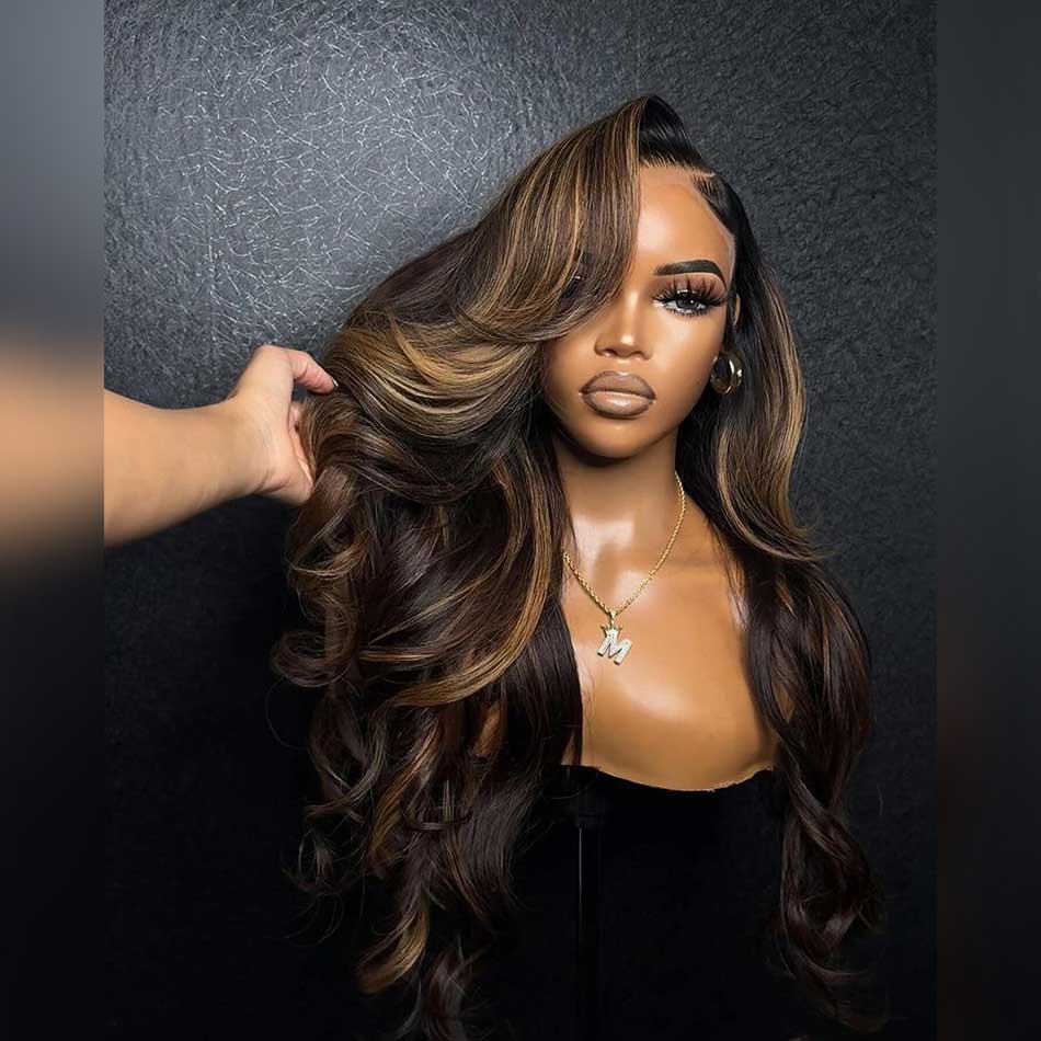 Hot Star Ombre Black Roots Highlight Brown Color 13x6 Lace Front Wig 6x5 Glueless Ready To Go Human Hair Wigs