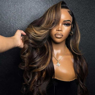 Hot Star Ombre Black Roots Highlight Brown Color 13x6 Lace Front Wig 6x5 Glueless Ready To Go Human Hair Wigs
