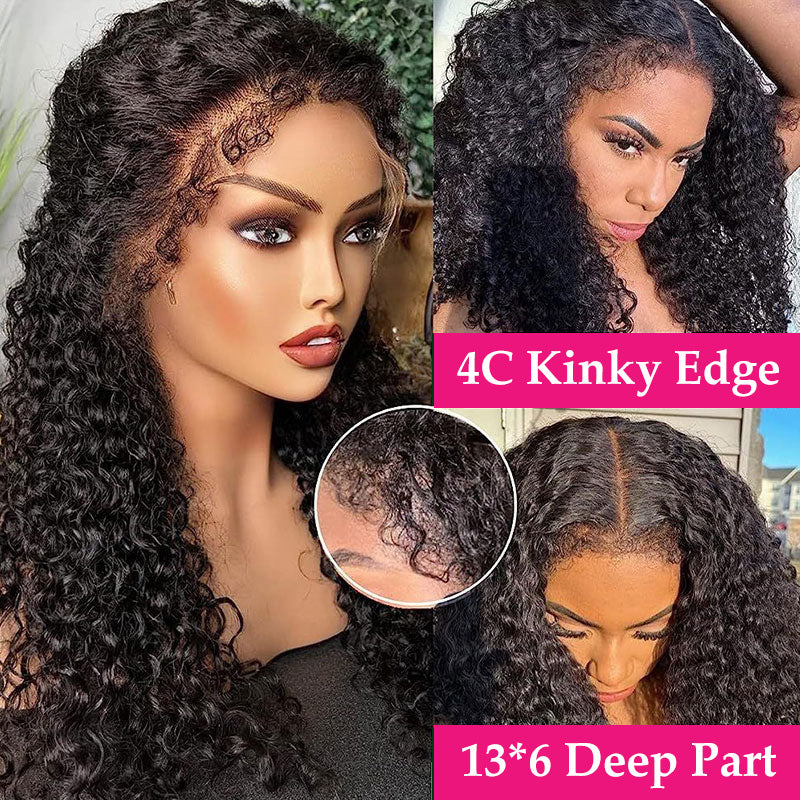 4C Edges Kinky Hairline Glueless Jerry Curly 13x6 Lace Human Hair Wigs