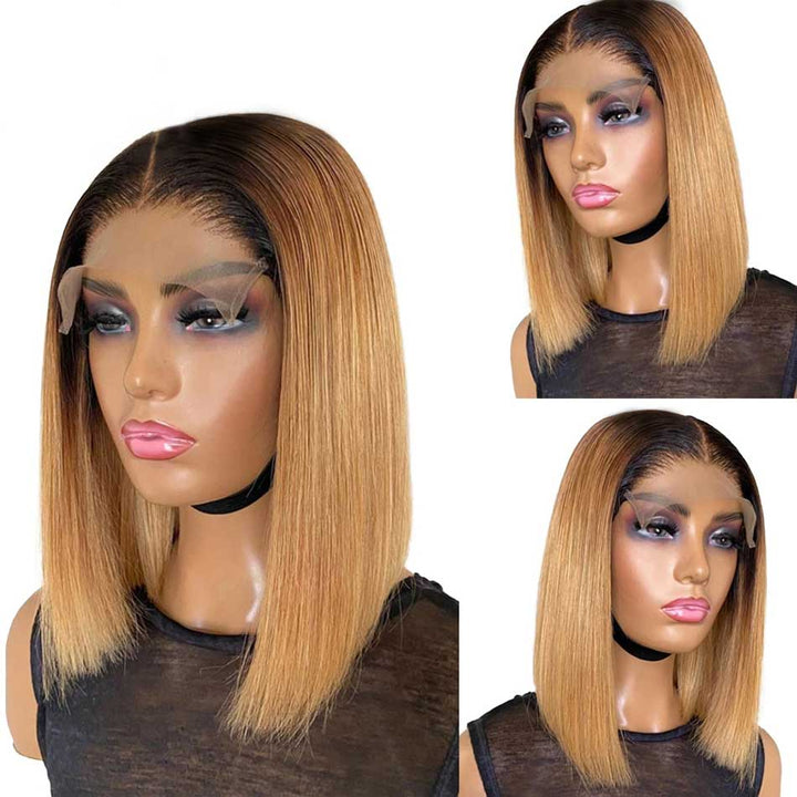 Hot Star 210% Density Ombre Honey Blonde Short Bob 6x5 Glueless 13x6 Lace Front Human Hair Wigs