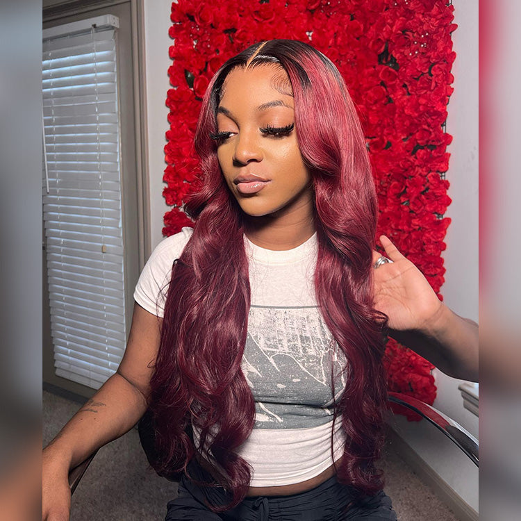 Hot Star Black Root Ombre Burgundy 99J Colored 13x6 Lace Front Wig 6x5 Glueless Ready To Go  Human Hair Wigs