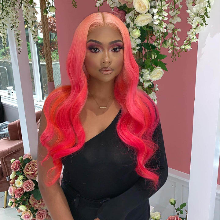 Hot Star 210% Density Ombre Pink With Rose Red HD Transparent 13x4 13x6 Lace Front Human Hair Wig Body Wave