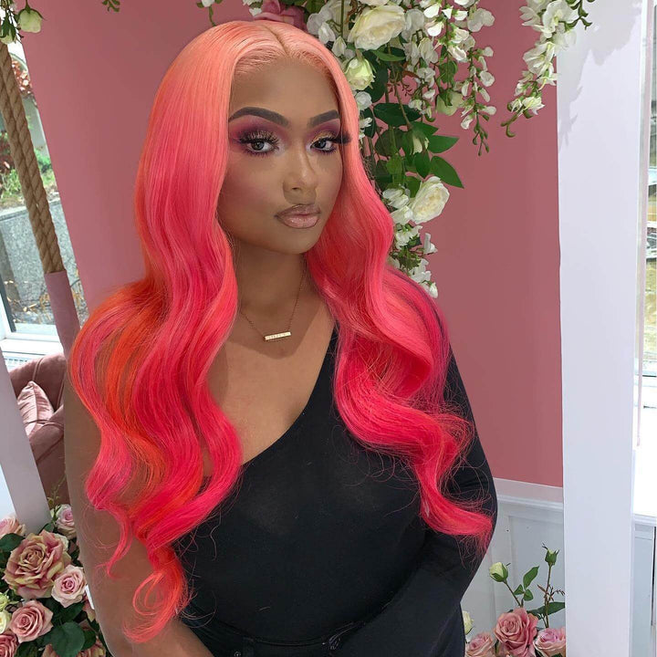 Hot Star 210% Density Ombre Pink With Red HD Transparent 13x6 Lace Front Human Hair Wig Body Wave