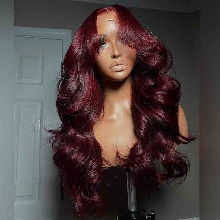 Hot Star Wine Colored Curtain Bangs 6x5 Glueless 13x6 Lace Front Human Hair Wigs