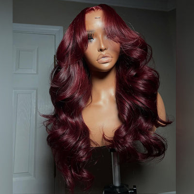Hot Star Wine Colored Curtain Bangs 6x5 Glueless 13x6 Lace Front Human Hair Wigs
