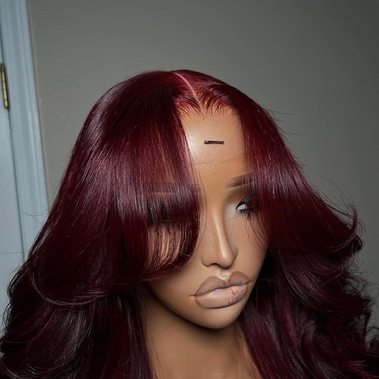 Hot Star Wine Colored Curtain Bangs 6x5 Glueless 13x6 Lace Front Human Hair Wigs