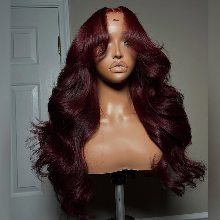 Hot Star Wine Colored Curtain Bangs 6x5 Glueless 13x6 Lace Front Human Hair Wigs