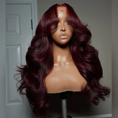 Hot Star Wine Colored Curtain Bangs 6x5 Glueless 13x6 Lace Front Human Hair Wigs