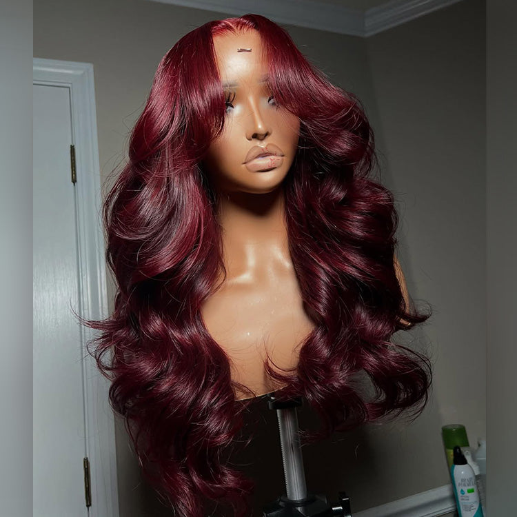 Hot Star Wine Colored Curtain Bangs 6x5 Glueless 13x6 Lace Front Human Hair Wigs