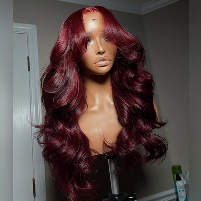 Hot Star Wine Colored Curtain Bangs 6x5 Glueless 13x6 Lace Front Human Hair Wigs