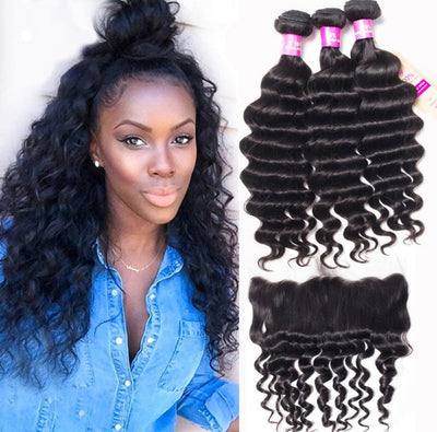 Hot Star Loose Deep Wave Human Hair 3 Bundles With 13x4 Full Frontal Lace 100% Remy Human Hair