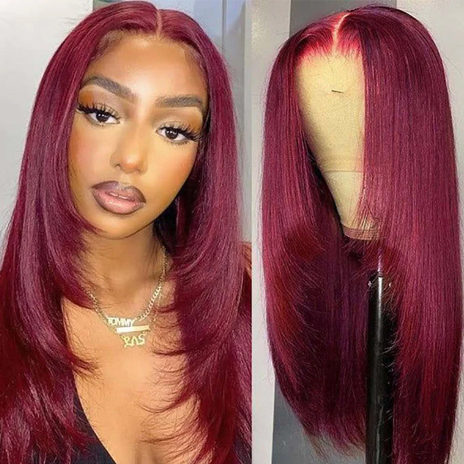 Hot Star Layered Cut #99j Colored 5x5 13x6 Lace Closure Front Wig 4x6 Ready To Go Human Hair Wigs