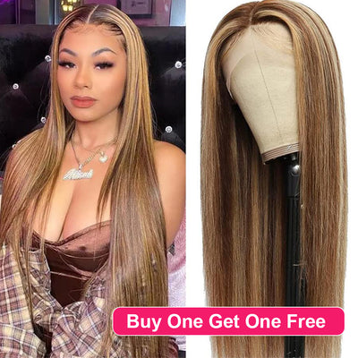 BOGO DEAL ! Hot Star Highlight Color #P4/27 HD Transparent 13x6 Lace Front Human Hair Wig