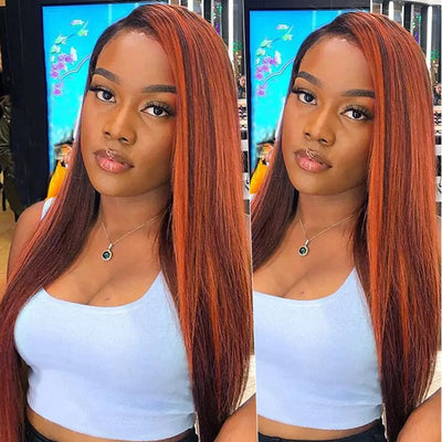 Hot Star HD Transparent Balayage Ginger Orange With Chocolate Brown Colored 13x6 Lace Front Human Hair Wig