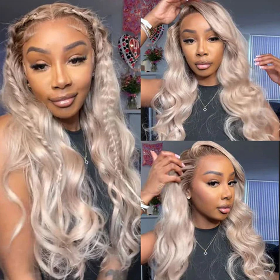 Hot Star Top 10A 250% Density Ash Blonde Colored 13x6 Lace Front Human Hair Wigs With Dark Roots