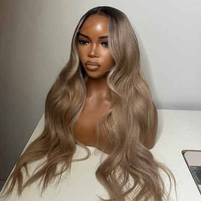 Hot Star Top 10A 250% Density Ash Blonde Colored 13x6 Lace Front Human Hair Wigs With Dark Roots
