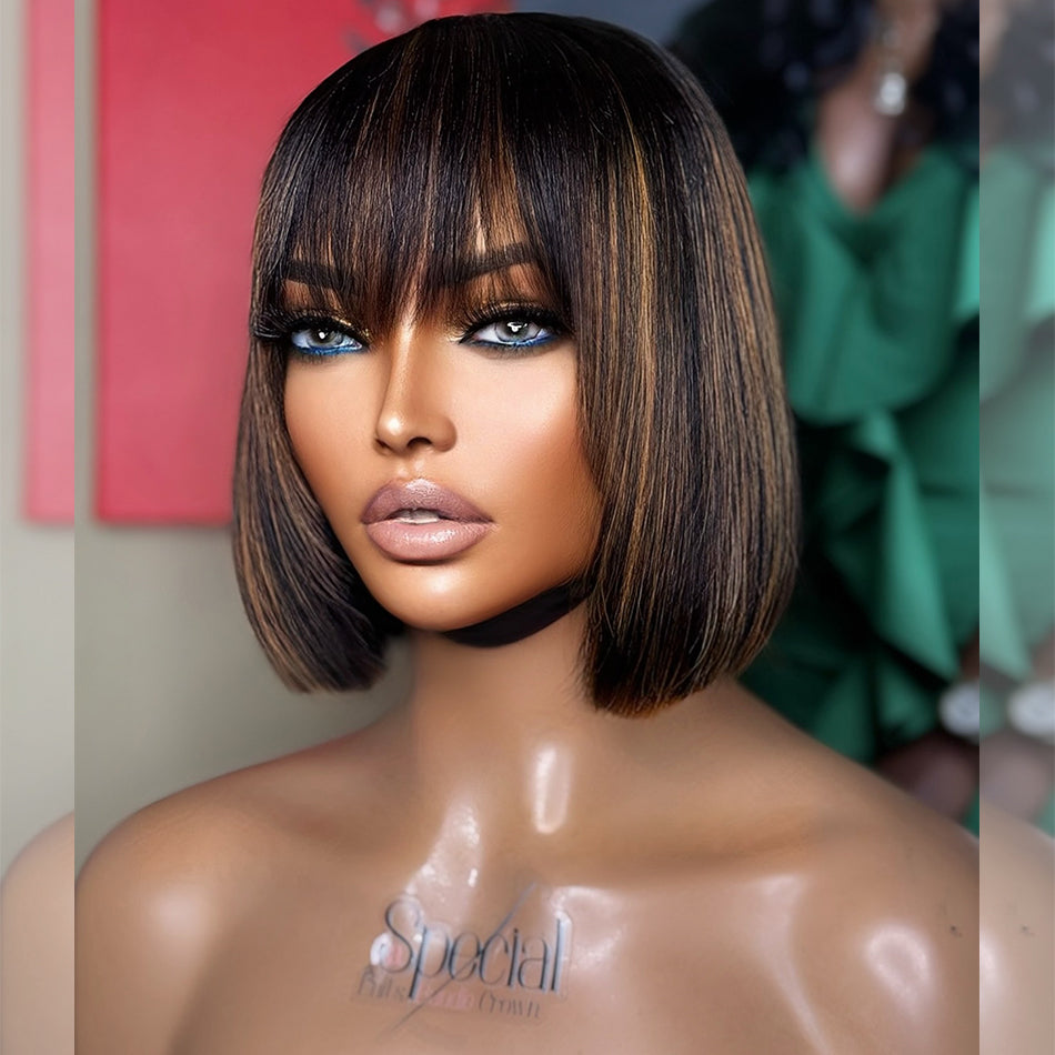 Hot Star Bob Wigs With Bang Slightly Layered Cut Glueless Lace Human Hair Bob Wigs