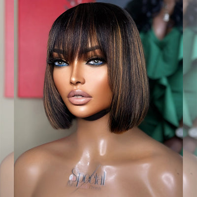 Hot Star Bob Wigs With Bang Slightly Layered Cut Glueless Lace Human Hair Bob Wigs