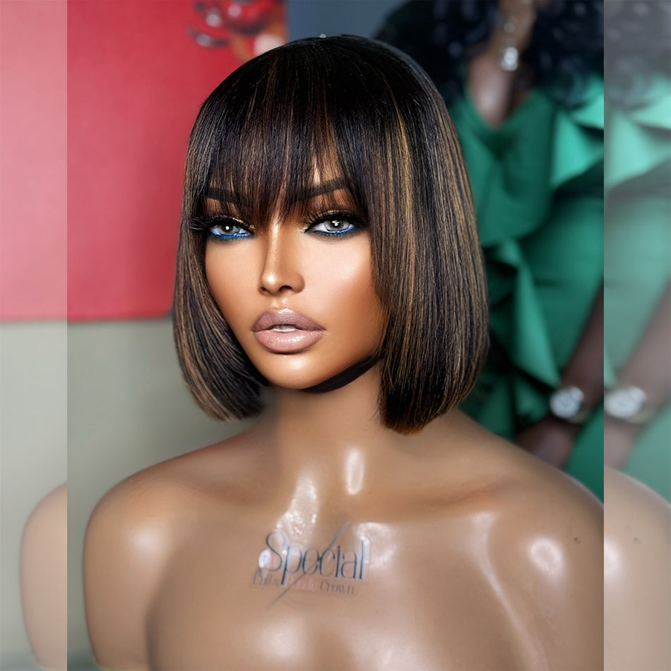 Hot Star Bob Wigs With Bang Slightly Layered Cut Glueless Lace Human Hair Bob Wigs