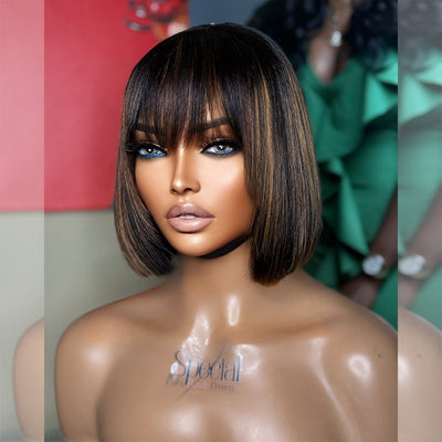 Hot Star Bob Wigs With Bang Slightly Layered Cut Glueless Lace Human Hair Bob Wigs