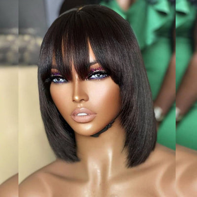 Hot Star Bob Wigs With Bang Slightly Layered Cut Glueless Lace Human Hair Bob Wigs