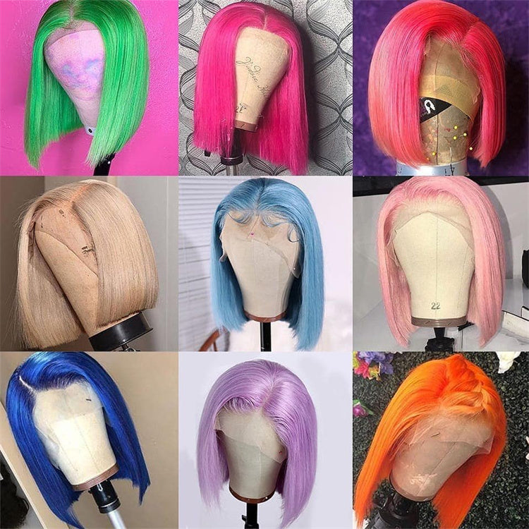 Hot Star 250% Density Customized Colored Short Bob 13x6 Lace Front Straight Human Hair Wigs