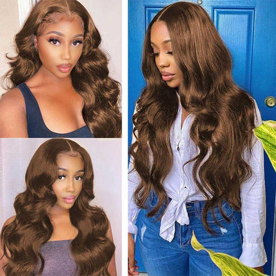 SUPER DEAL ! Hot Star Chocolate Brown Colored 13x4 HD Transparent Lace Frontal Human Hair Wigs Brazilian Body Wave