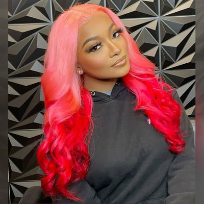 Hot Star 210% Density Ombre Pink With Red HD Transparent 13x6 Lace Front Human Hair Wig Body Wave